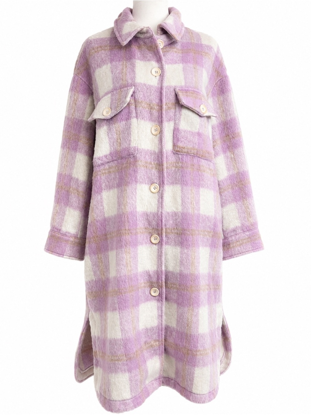 Mabel long, oversized shirt-jacket soft brushed finish classic plaid pattern - Picture 2 of 14